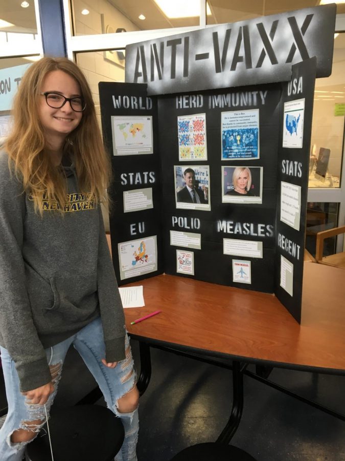 Anya Dougherty displays her presentation on the Ant-Vaxx movement. 