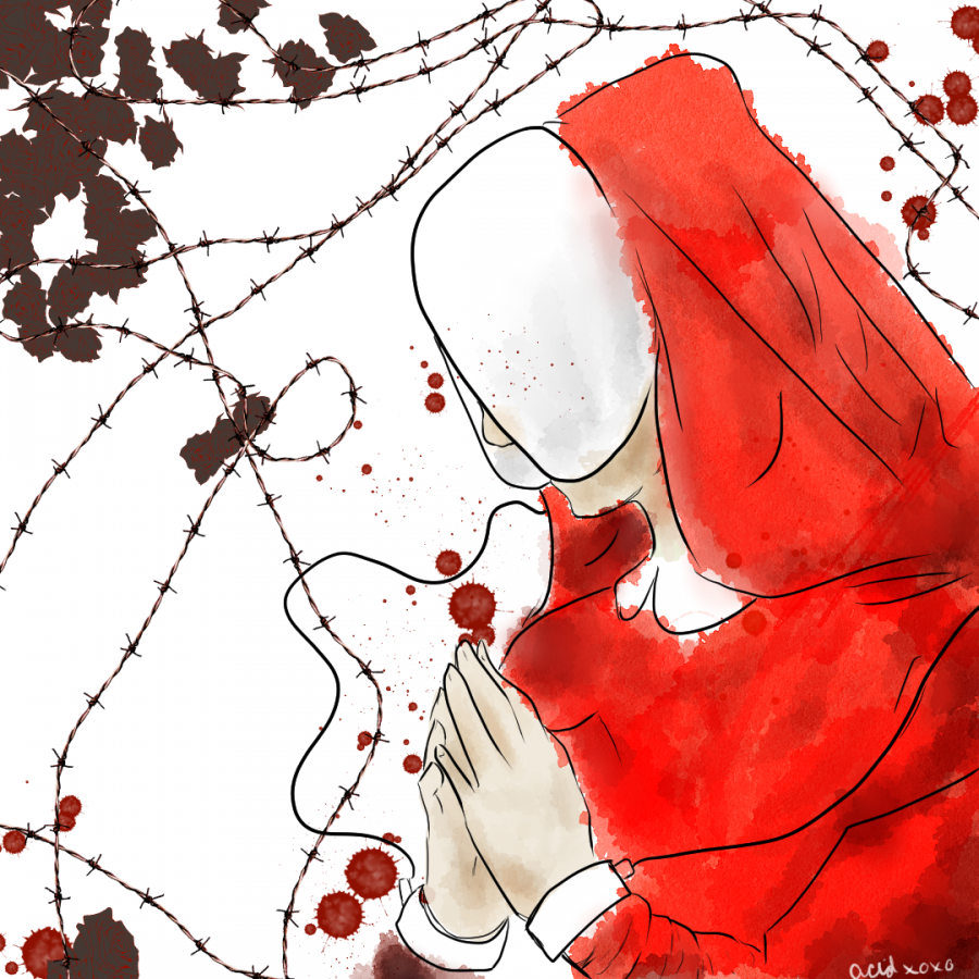 Jae Wells read Atwoods The Handmaids Tale and was inspired to draw this depiction. 