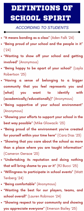 The results of the survey that asked students various questions about school spirit.