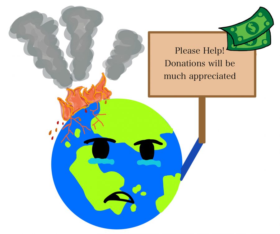 The cartoon depicts Earths dire need to receive more climate funding amid rising temperatures
