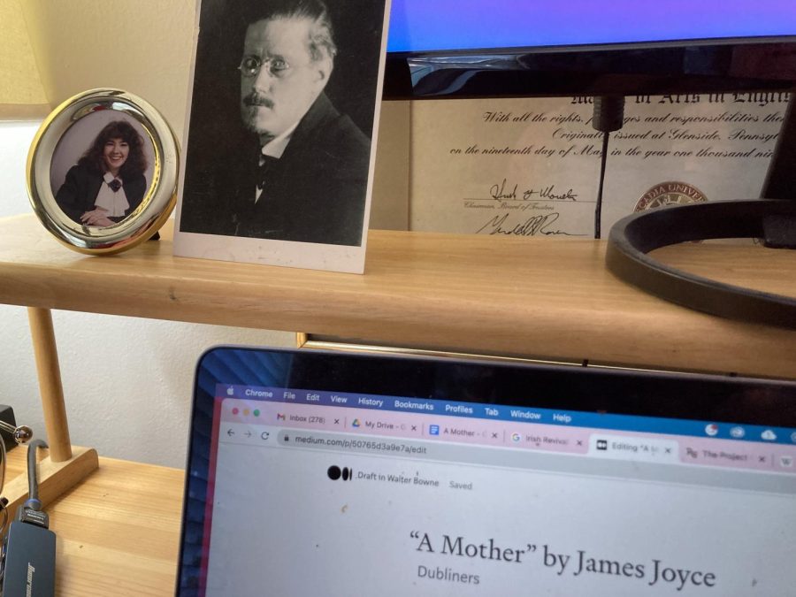 Mr. Bownes study in Cherry Hill, NJ includes his two Muses: his wife Mary Jane and James Joyce
