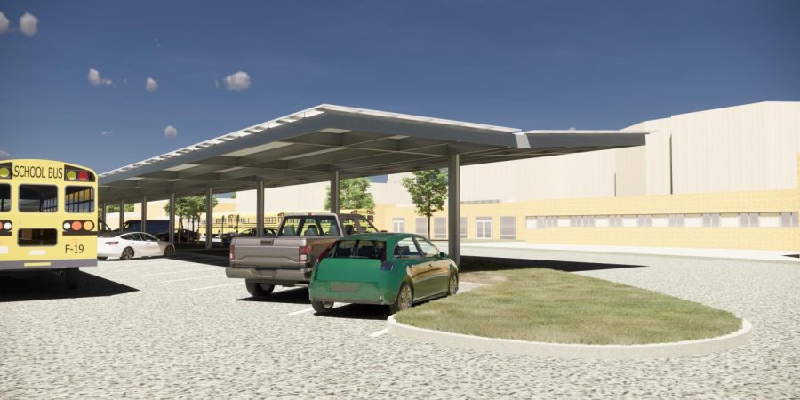 The rendering of the solar carport in front of Eastern High School is  pictured
