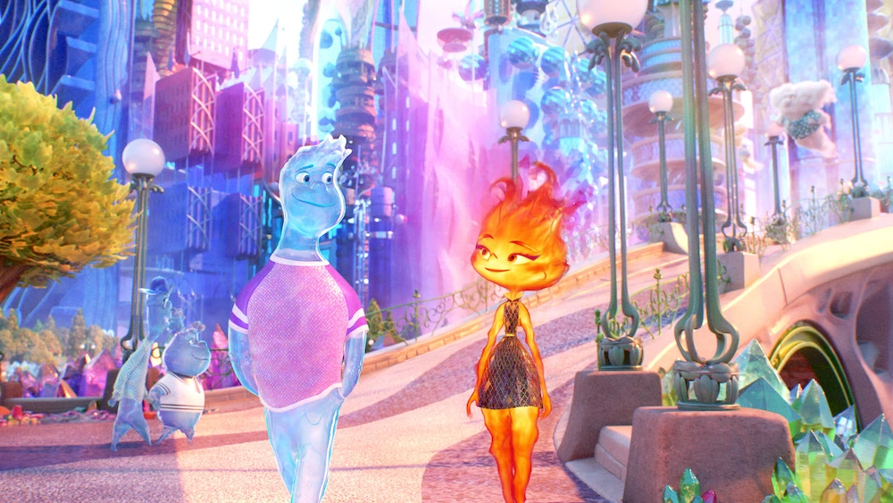 Wade and Ember share a glance in the mixed metropolis of Element City
