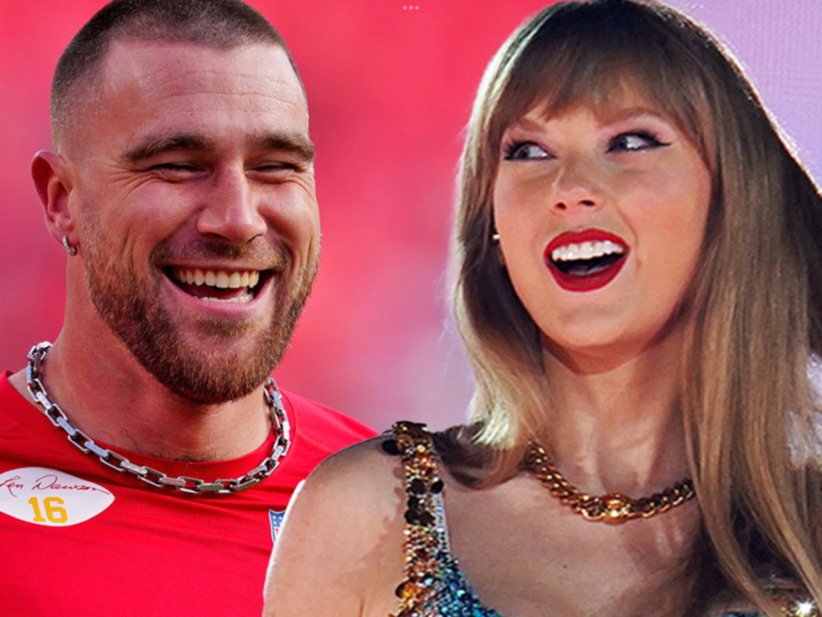 Edited photo of Travis Kelce (left) and Taylor Swift (right)